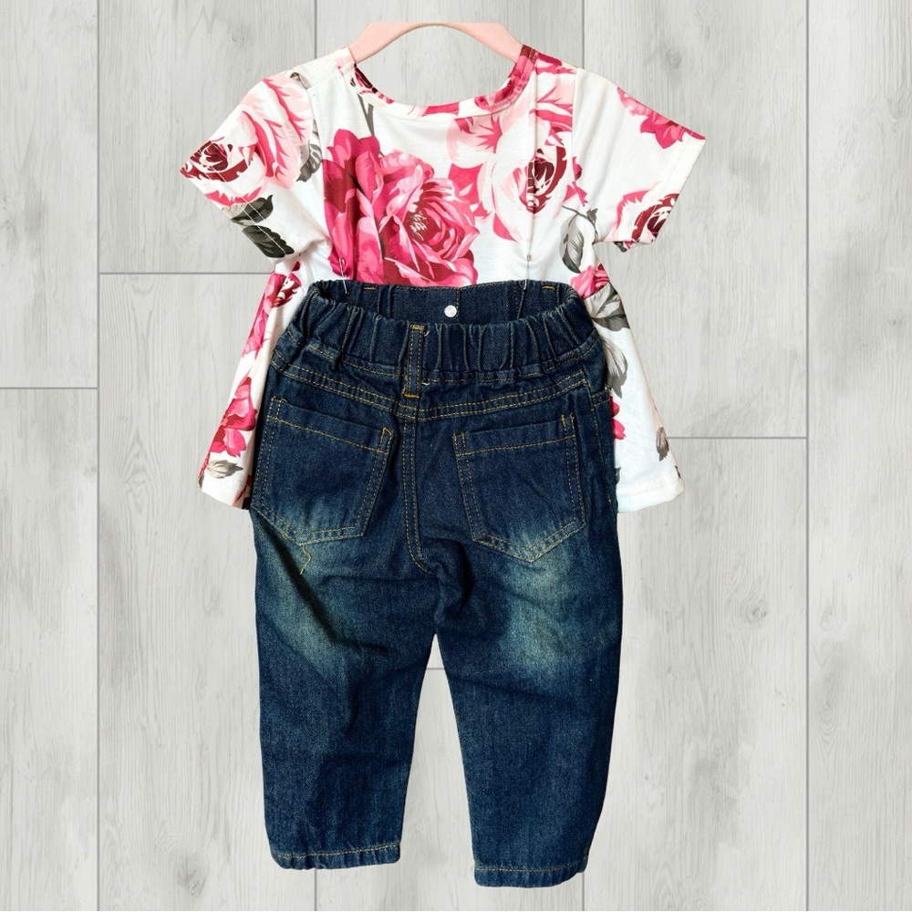 Girls Floral Tiered Top and Distressed Dark Jeans Set - Pink & White - 9-12M - Picture 2 of 2